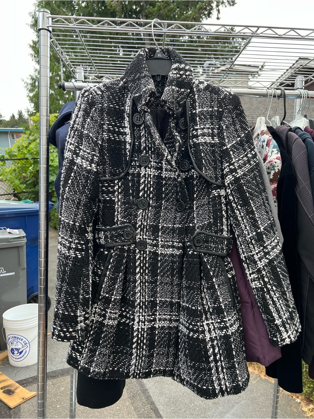 BCX Black and White Plaid Double-Breasted Peacoat